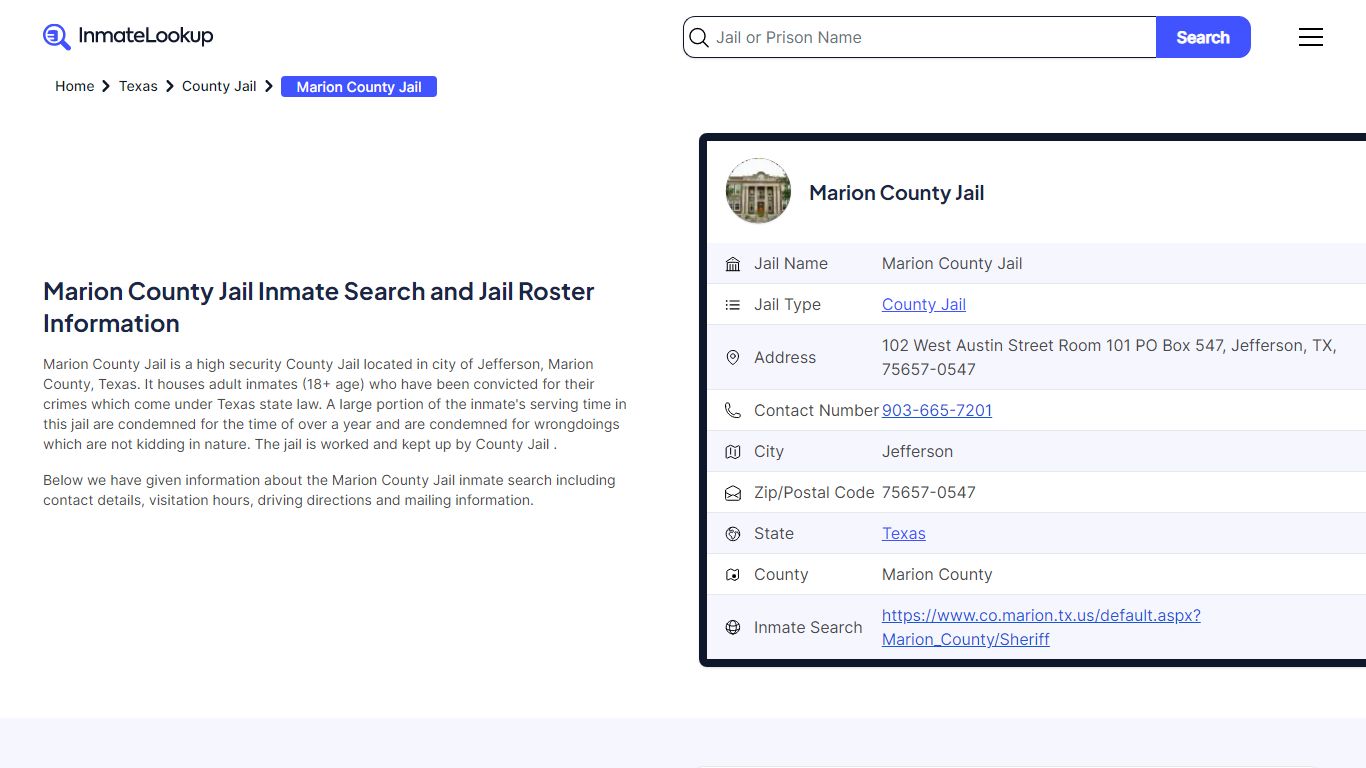 Marion County Jail Inmate Search - Jefferson Texas - Inmate Lookup